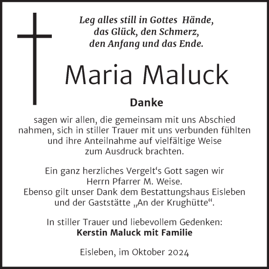 Traueranzeige von Maria Maluck von Trauerkombi Mansfelder Land