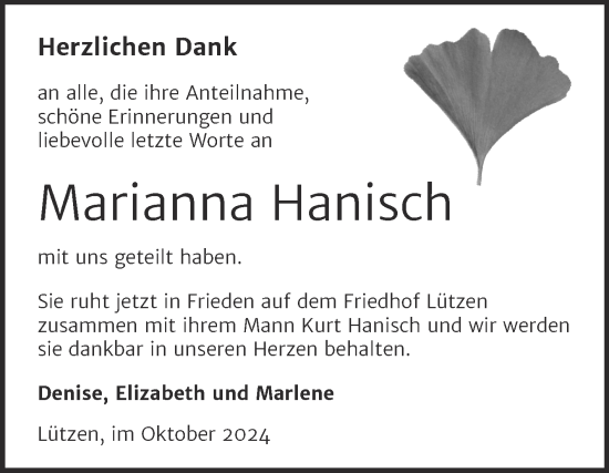 Traueranzeige von Marianna Hanisch von Trauerkombi Weißenfels