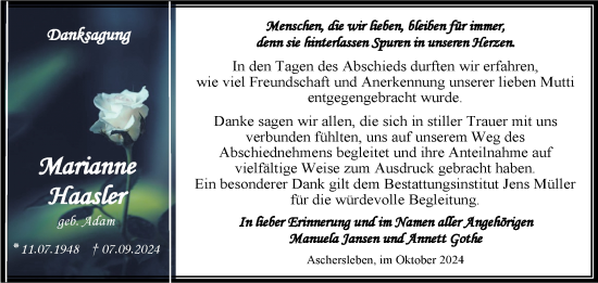 Traueranzeige von Marianne Haasler von Trauerkombi Aschersleben