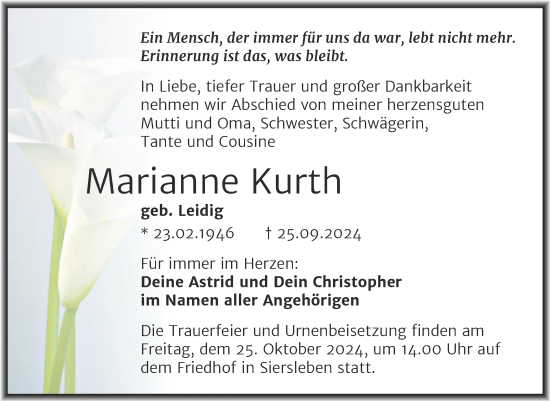 Traueranzeige von Marianne Kurth von Trauerkombi Mansfelder Land