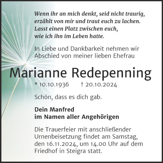 Traueranzeige von Marianne Redepenning von Trauerkombi Sangerhausen