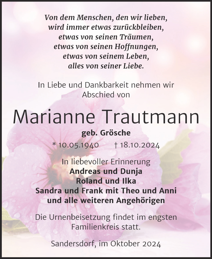  Traueranzeige für Marianne Trautmann vom 26.10.2024 aus Trauerkombi Bitterfeld