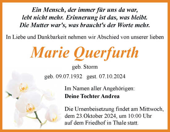 Traueranzeige von Marie Querfurth von Trauerkombi Quedlinburg