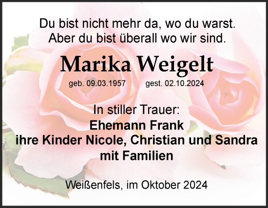 Traueranzeige von Marika Weigelt von Trauerkombi Weißenfels