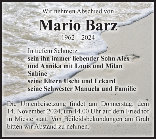 Traueranzeige von Mario Barz von Volksstimme Altmark West