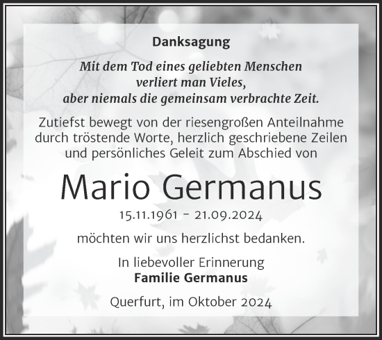 Traueranzeige von Mario Germanus von Trauerkombi Merseburg