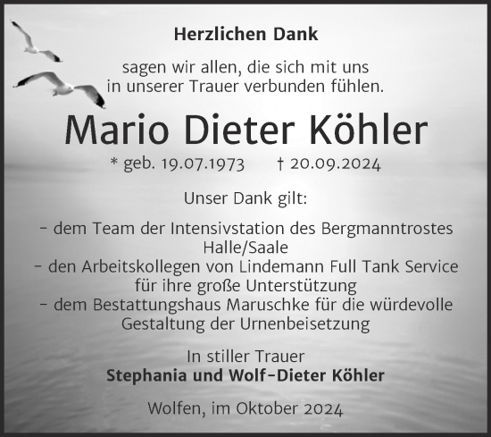 Traueranzeige von Mario Dieter Köhler von Trauerkombi Bitterfeld