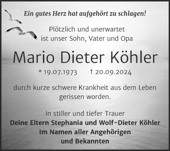 Traueranzeige von Mario Dieter Köhler von Trauerkombi Bitterfeld