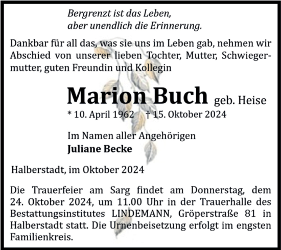 Traueranzeige von Marion Buch von Volksstimme Halberstadt
