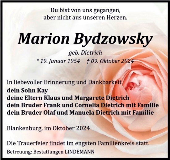 Traueranzeige von Marion Bydzowsky von Volksstimme Wernigerode