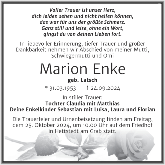 Traueranzeige von Marion Enke von Trauerkombi Mansfelder Land