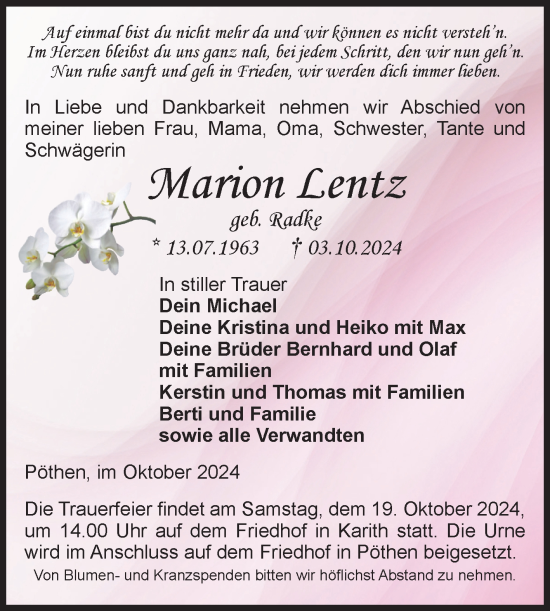 Traueranzeige von Marion Lentz von Volksstimme Burg/Genthin