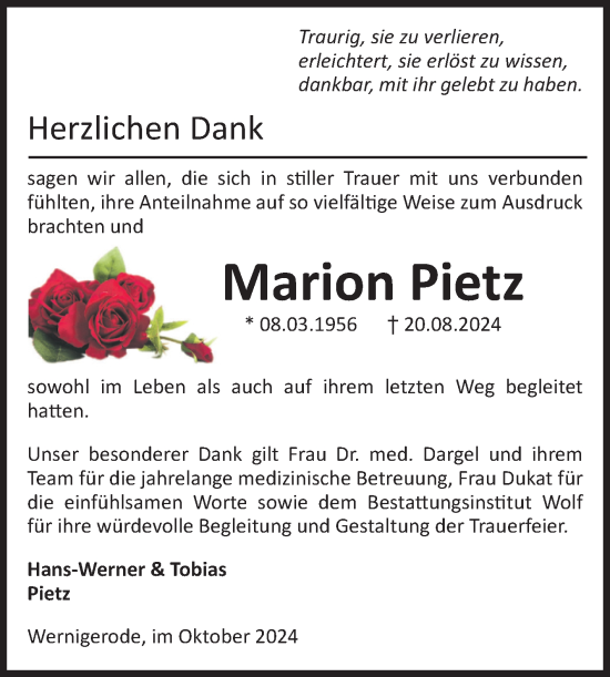 Traueranzeige von Marion Pietz von Volksstimme Wernigerode