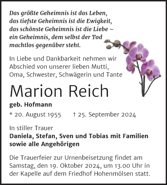 Traueranzeige von Marion Reich von Trauerkombi Weißenfels
