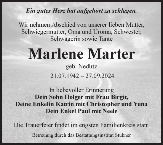 Traueranzeige von Marlene Marter von Volksstimme Haldensleben/Wolmirstedt
