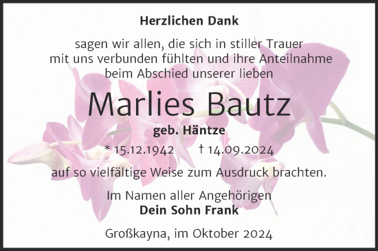 Traueranzeige von Marlies Bautz von Trauerkombi Merseburg