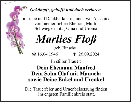 Traueranzeige von Marlies Floß von Trauerkombi Dessau