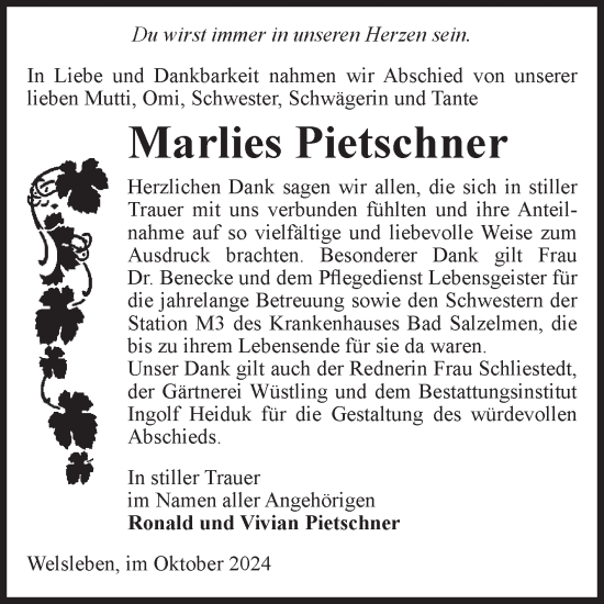 Traueranzeige von Marlies Pietschner von Volksstimme Schönebeck