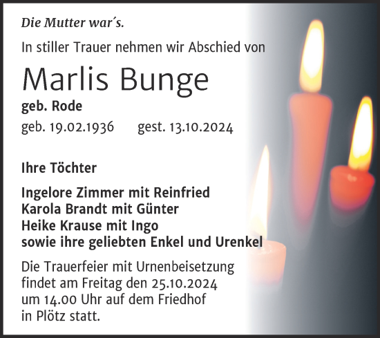 Traueranzeige von Marlis Bunge von Mitteldeutsche Zeitung Halle/Saalkreis