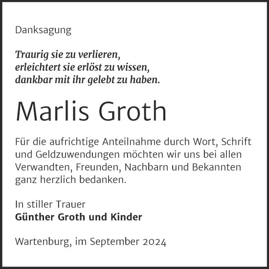 Traueranzeige von Marlis Groth von Trauerkombi Wittenberg