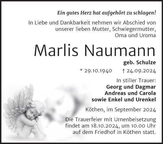 Traueranzeige von Marlis Naumann von Trauerkombi Köthen