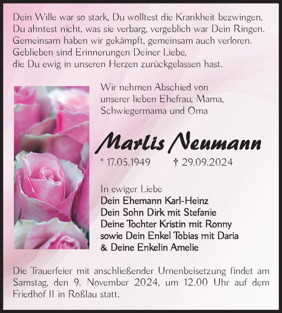 Traueranzeige von Marlis Neumann von Trauerkombi Dessau