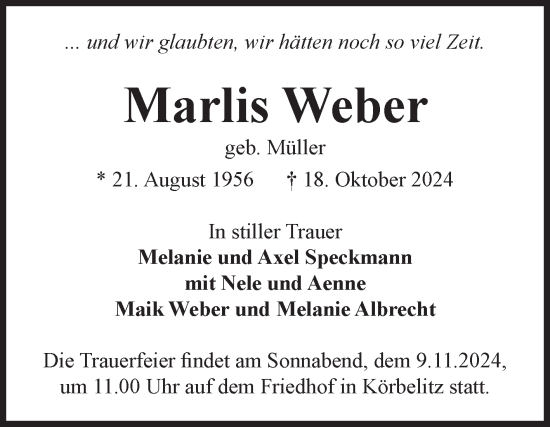 Traueranzeige von Marlis Weber von Volksstimme Burg/Genthin
