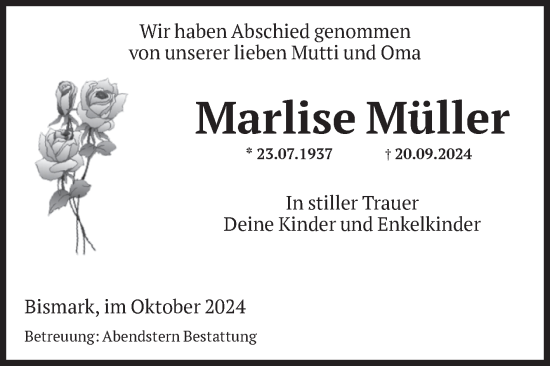 Traueranzeige von Marlise Müller von Volksstimme Altmark Ost