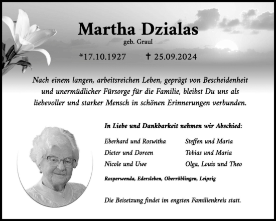 Traueranzeige von Martha Dzialas von Trauerkombi Sangerhausen