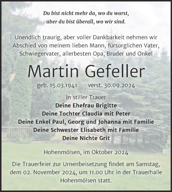 Traueranzeige von Martin Gefeller von Trauerkombi Weißenfels