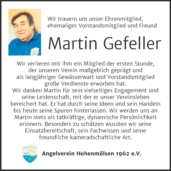 Traueranzeige von Martin Gefeller von Trauerkombi Weißenfels