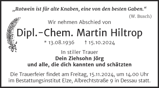 Traueranzeige von Martin Hiltrop von Trauerkombi Dessau