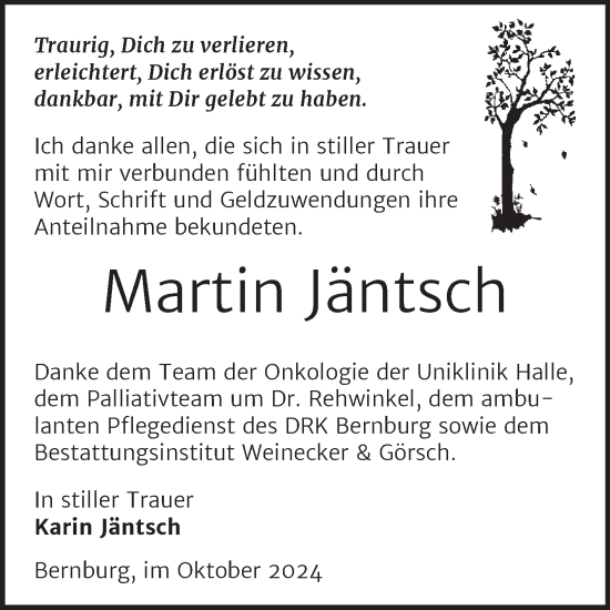 Traueranzeige von Martin Jäntsch von Trauerkombi Bernburg