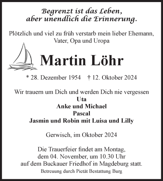 Traueranzeige von Martin Löhr von Volksstimme Magdeburg