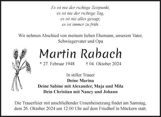 Traueranzeige von Martin Rabach von Volksstimme Burg/Genthin