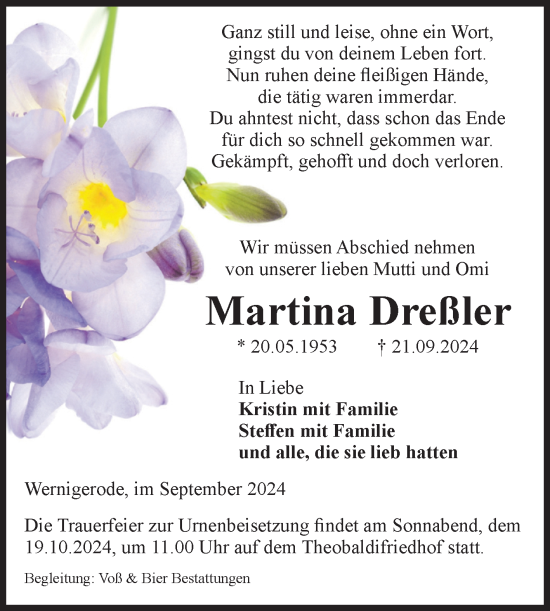 Traueranzeige von Martina Dreßler von Volksstimme Wernigerode