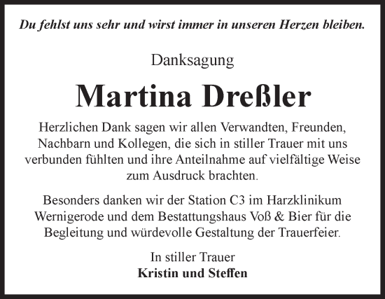 Traueranzeige von Martina Dreßler von Volksstimme Wernigerode