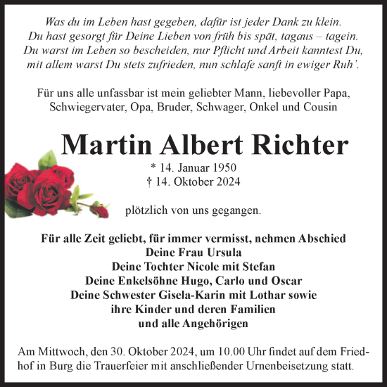Traueranzeige von Martin Albert Richter von Volksstimme Burg/Genthin