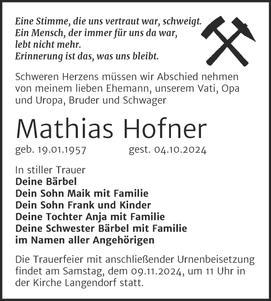 Traueranzeige von Mathias Hofner von Trauerkombi Zeitz