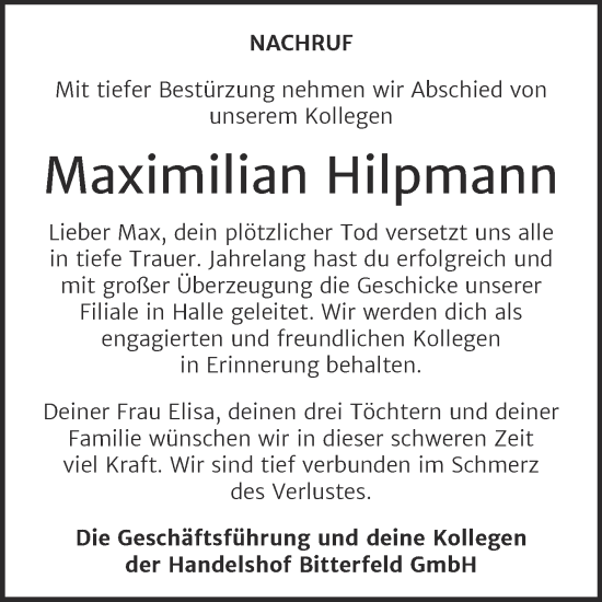 Traueranzeige von Maximilian Hilpmann von SuperSonntag Bitterfeld