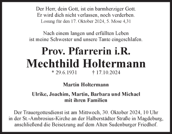 Traueranzeige von Mechthild Holtermann von Volksstimme Magdeburg