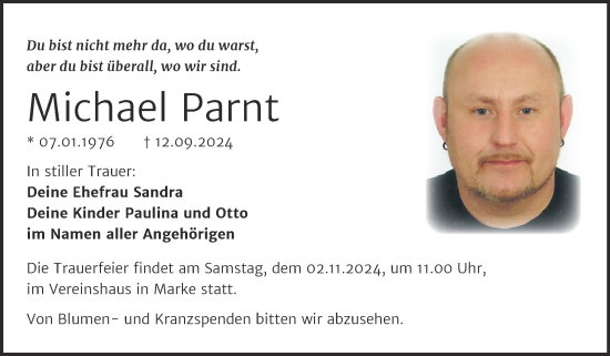 Traueranzeige von Michael Parnt von Trauerkombi Bitterfeld