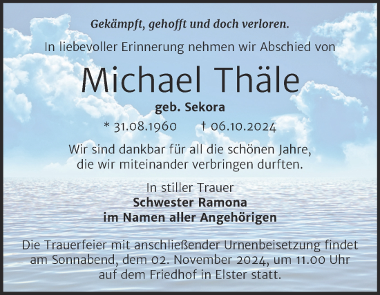 Traueranzeige von Michael Thäle von Trauerkombi Wittenberg