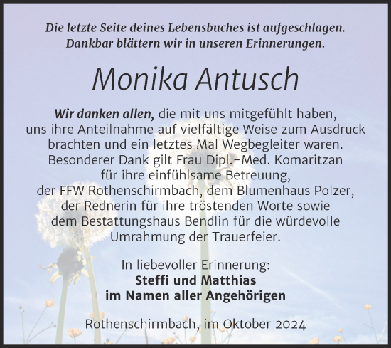 Traueranzeige von Monika Antusch von Trauerkombi Mansfelder Land