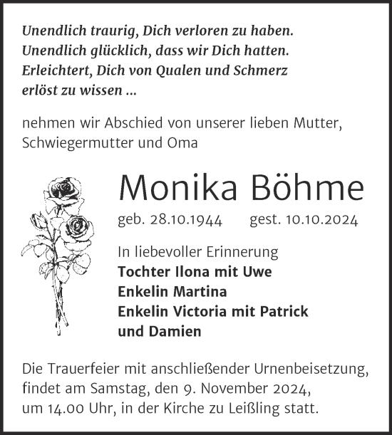 Traueranzeige von Monika Böhme von Trauerkombi Weißenfels