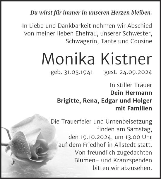 Traueranzeige von Monika Kistner von Trauerkombi Sangerhausen