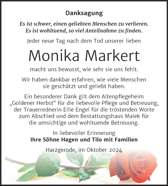 Traueranzeige von Monika Markert von Trauerkombi Quedlinburg