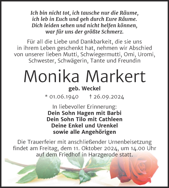Traueranzeige von Monika Markert von Trauerkombi Quedlinburg