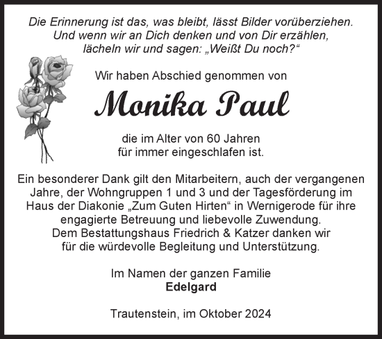 Traueranzeige von Monika Paul von Volksstimme Wernigerode