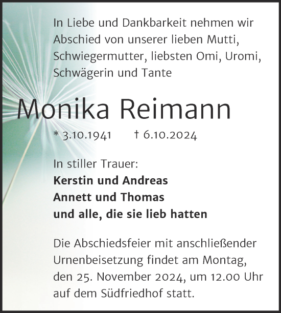 Traueranzeige von Monika Reimann von Mitteldeutsche Zeitung Halle/Saalkreis